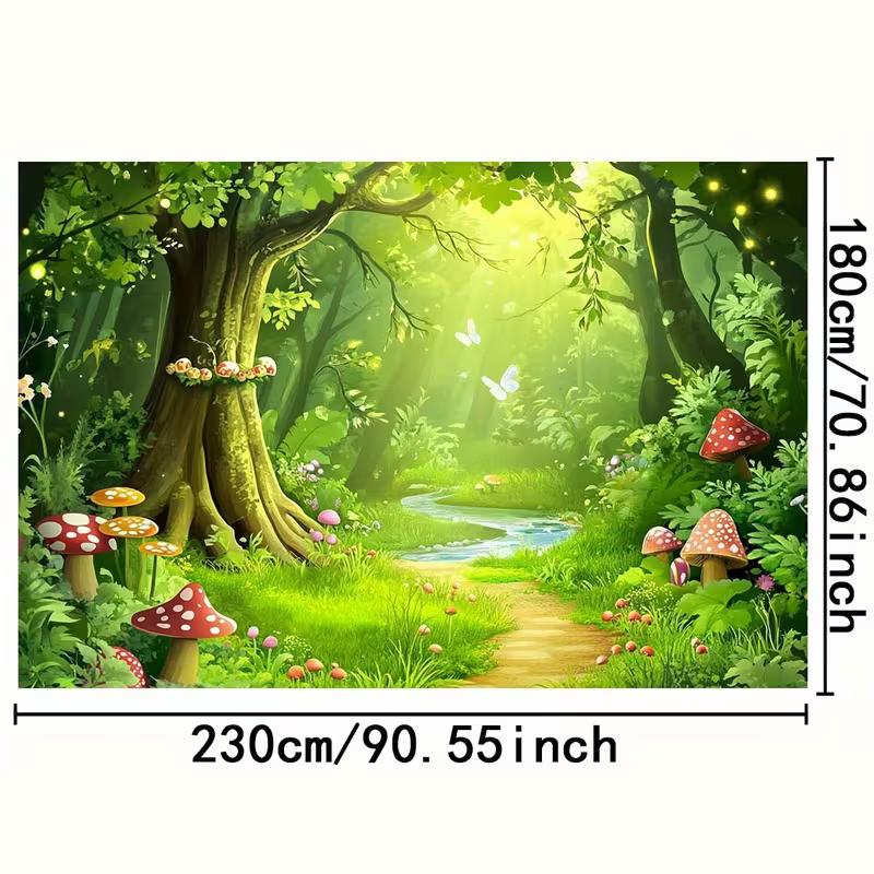 2D Fairy Tale Forest Background, Whimsical Mushrooms & Sunlight Themed Party Backdrop