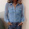 Spring New Women's Fashion Casual Faux Denim Patchwork Chiffon Long-sleeve Top