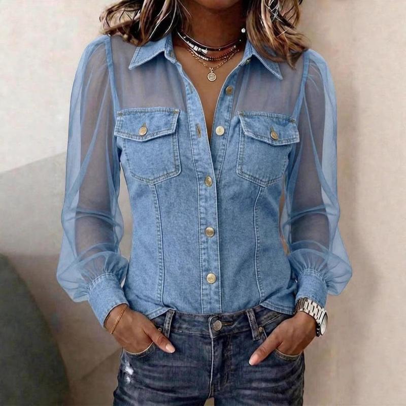 Spring New Women's Fashion Casual Faux Denim Patchwork Chiffon Long-sleeve Top