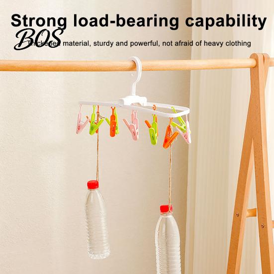 Plastic Clothing Clip Clothes Drying Rack with 12 Clips, Heavy Duty Rotatable Compact Solution Foldable Hanger, Anti-Slip Organizer for Underwear And
