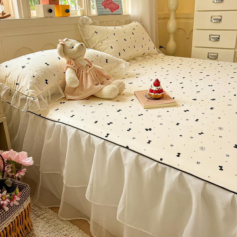 Sleep Grid Double Layered Chiffon Bed Skirt Ice Silk Air Conditioning Soft Seat 3-Piece Set