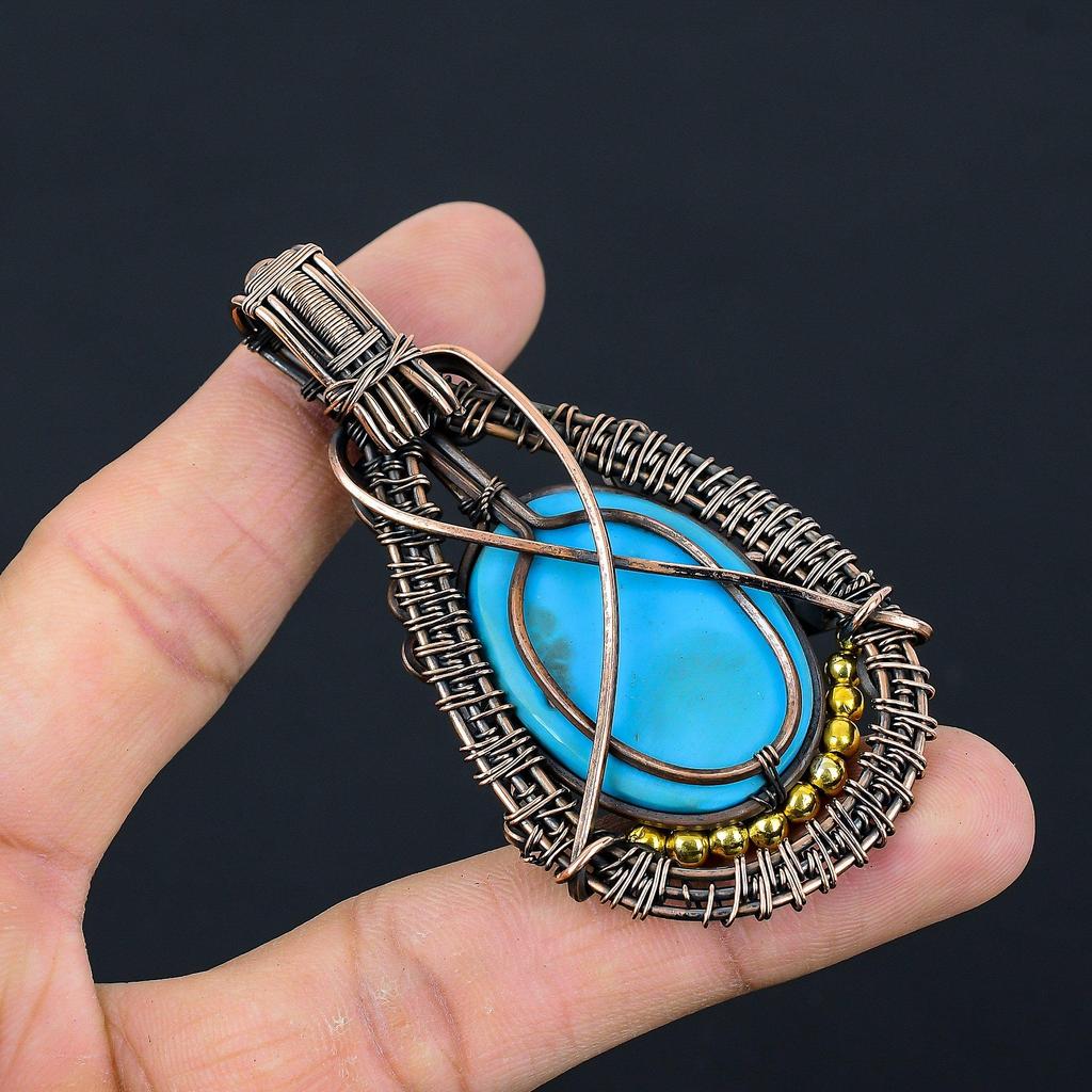 Irani Turquoise 999 Copper Wire Wrapped Pendant, Handmade Gemstone Pendant Jewelry, Gifts For Wife Brand New Pendant