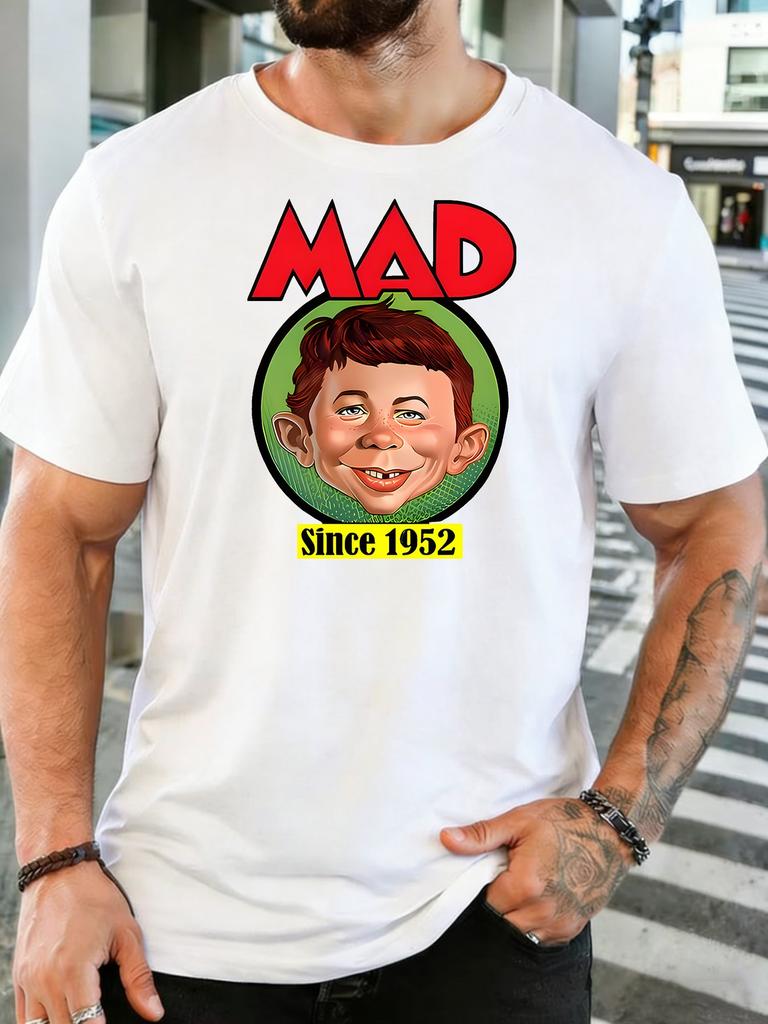 Unisex Vintage Mad Boy Cartoon Porträt Grafik Baumwolle Kurzarm T-Shirt Rundhalsausschnitt Weich Männlich Sommer Lässig Atmungsaktiv Streetwear Oberteil