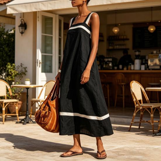 Summer Dress for Women, Color Block Sleeveless Cotton Linen Dress, Loose Vacation Long Dress with Pockets