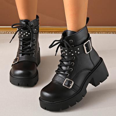 Punk Gothic Platform Ankle Boots for Women Chunky Heel Lace Up Black Combat Boots Women Buckle Strap Rivets Motorcycle Booties
