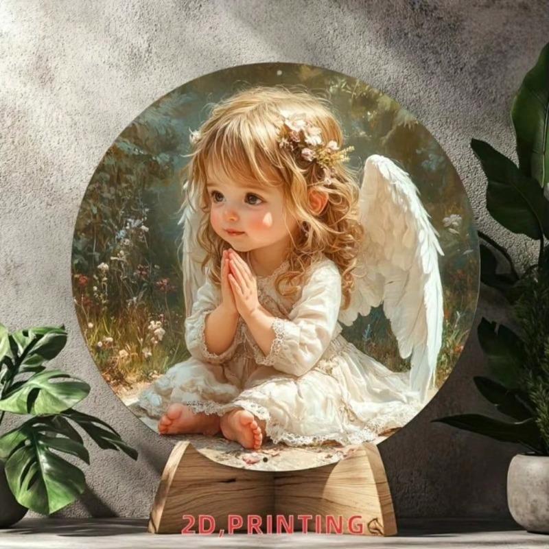 Metal Wall Art Aluminum Decor, Angel Theme Round Floral Sign, Home Living Room Cafe Decor