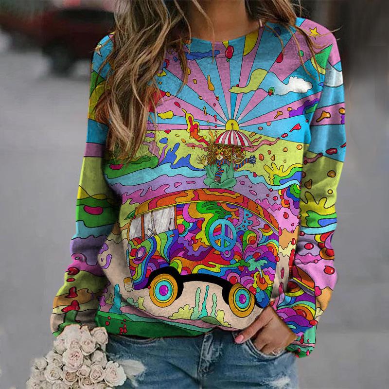 Round Neck 3D Gradient Color Printed Top Fashionable Casual Long Sleeved Women's T-shirts