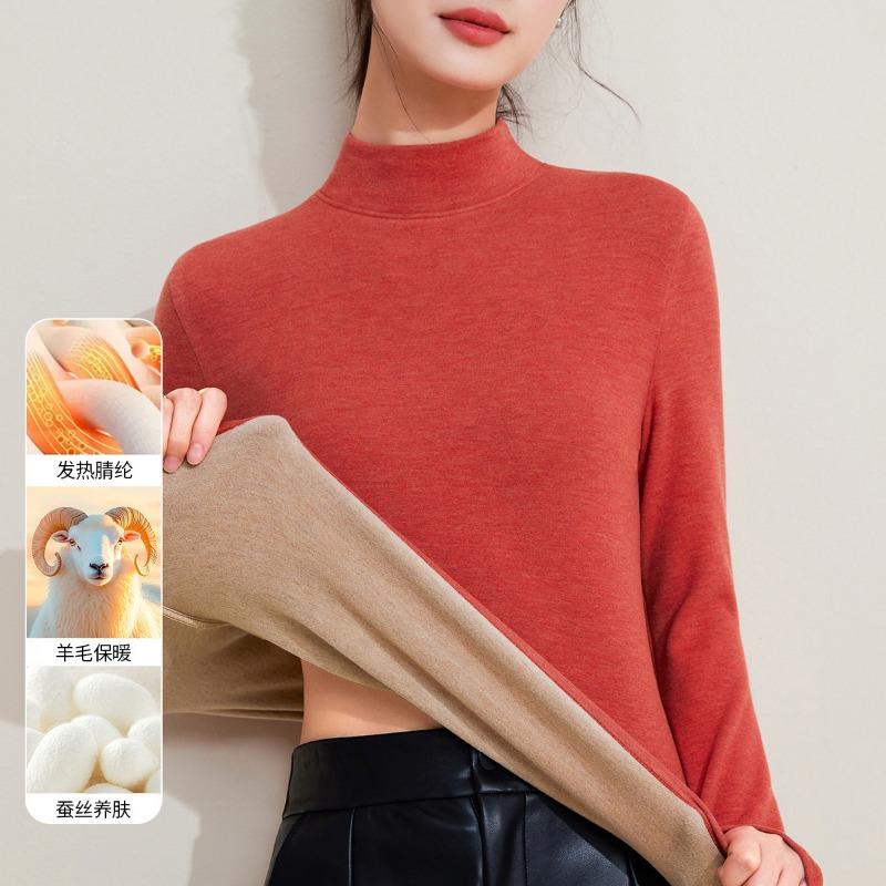 Autumn and Winter Mid-neck Wool Silk Thermal Underwear Women's Thickened Fleece Bottoming Shirt Warm Fleece Heating Autumn Clothes Top