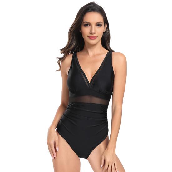 Traje de baño de una pieza con escote en V profundo, sin mangas, con control de abdomen, malla adelgazante transparente para mujer