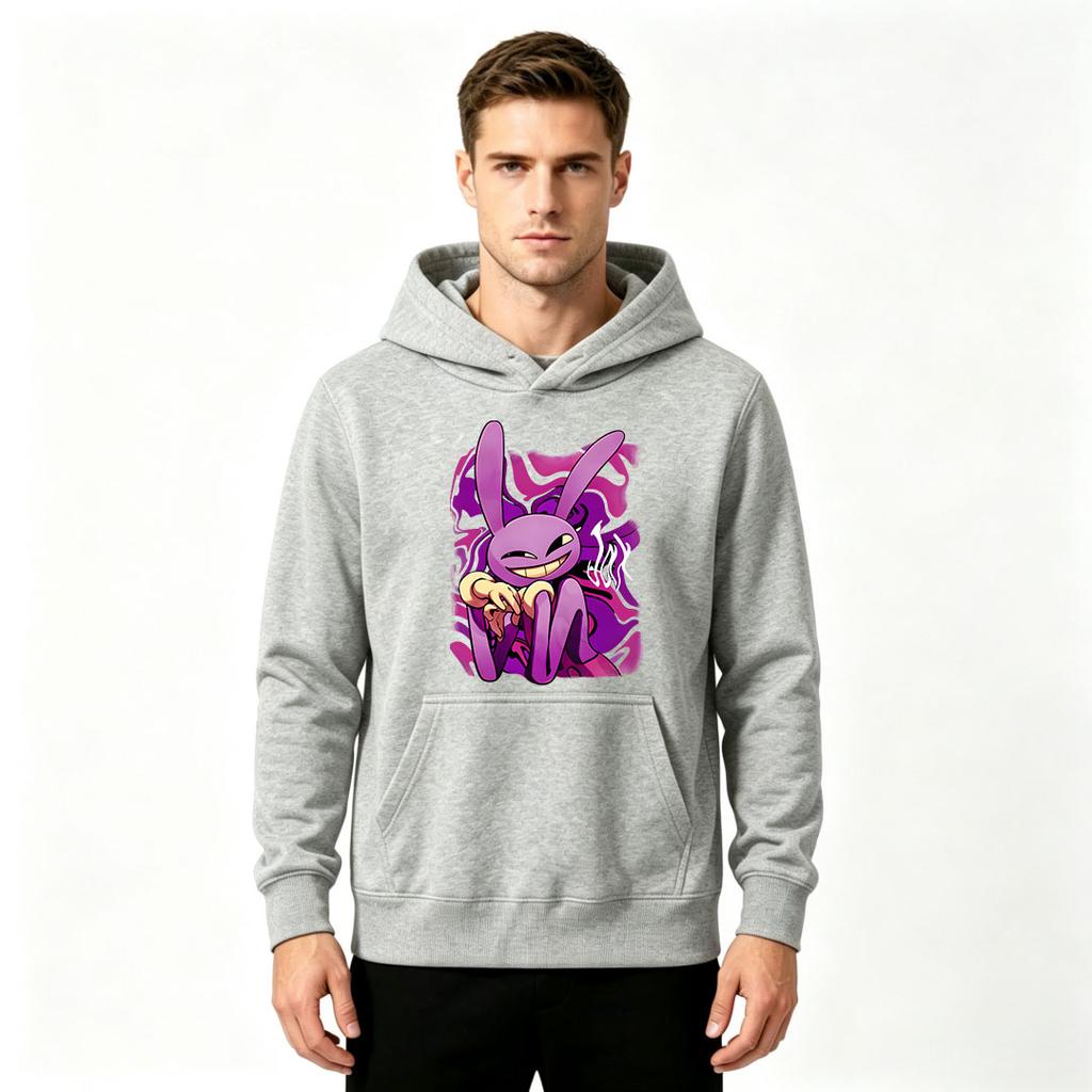 Men's Casual Pullover Hoodie, Funny Purple Bunny Cartoon Print Long Sleeve Sweatshirt for Daily Wear