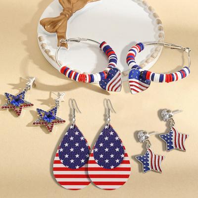 Alloy Drip Diamond Red White Blue Stripe Love Pentagram Independence Day Earrings