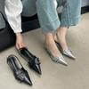 Chic French Pointed Toe Patent Leather Womens Sandals Cover Head Ankle Buckle Back Strap Thin Mid Heels Mules Shoes