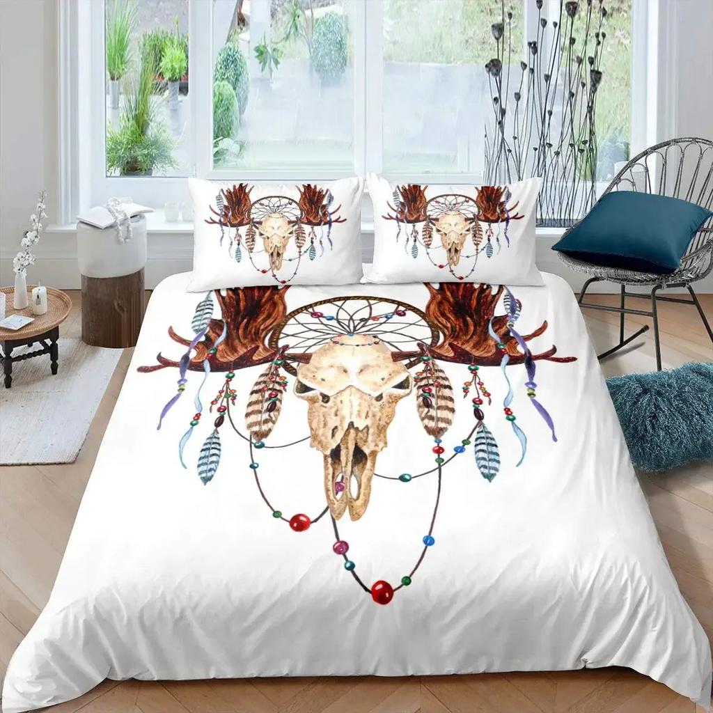 Deer Skull Rose Flowers And Feathers Duvet Cover Set Boho Dreamcatcher Bedding Sets With Floral Skull Head Comforter Cover Set
