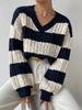 Autumn Winter V-neck Retro Color Block Stripe Knit Sweater for Women