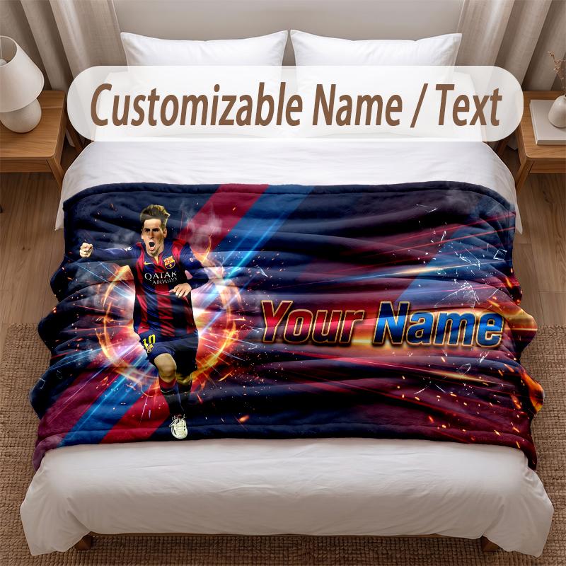 Lionel Messi Printed Flannel Blanket Custom Name Text Soft Warm Throw For Bedroom Holiday Gift