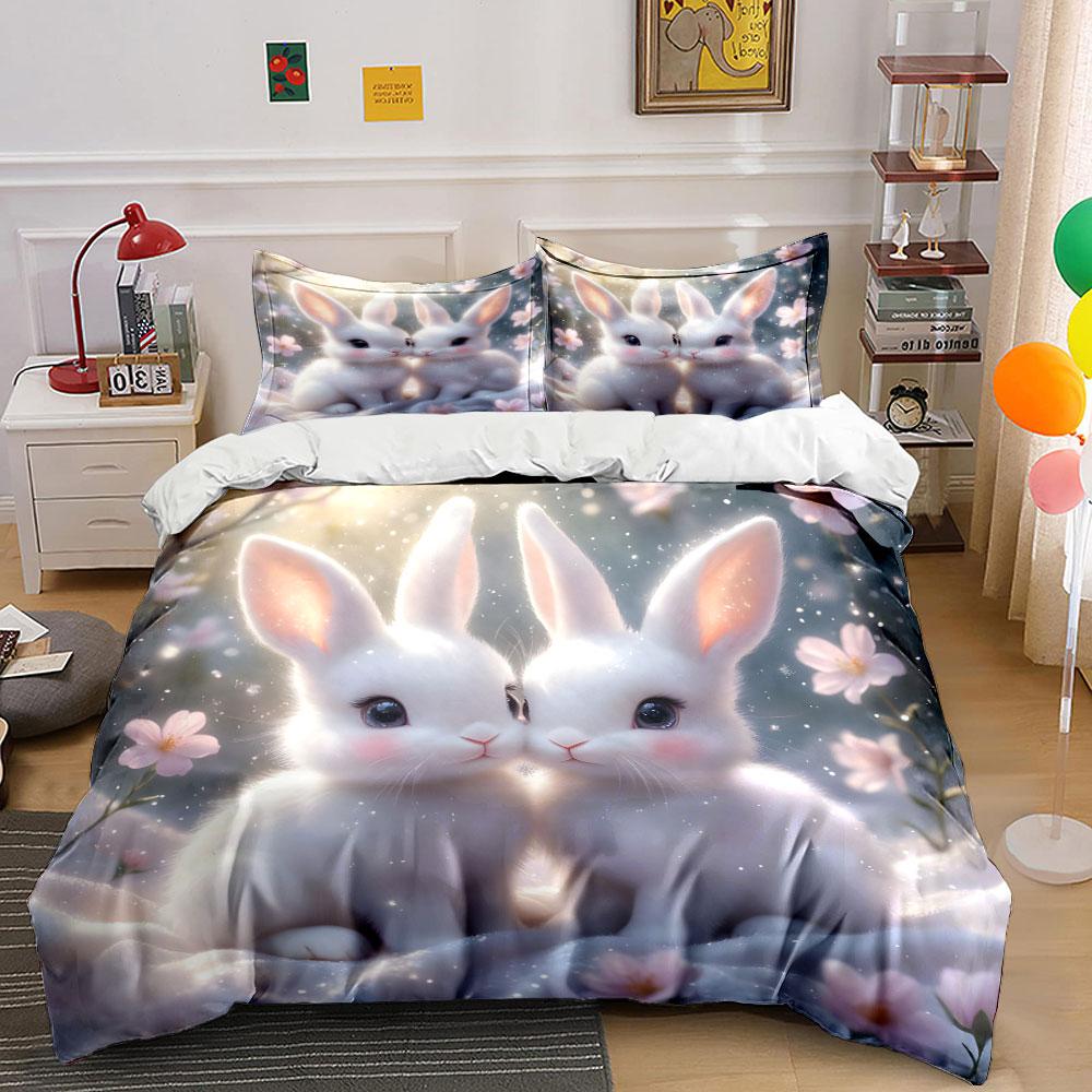 3Pcs Two Cute White Rabbit And Flowers Duvet Cover Set With 3D Printing Design Soft Polyester Bedding Set All-Season Comfort