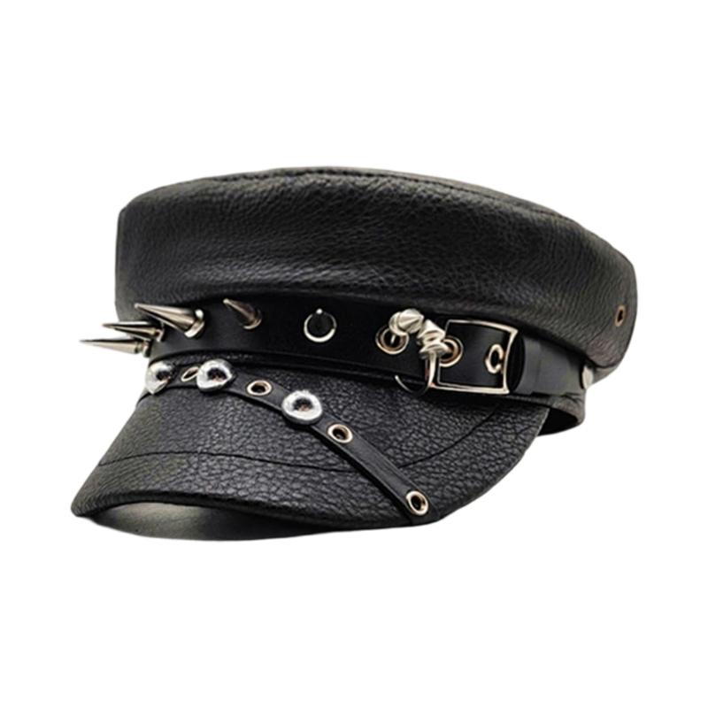 Elegant PU Leather Beret Hat with Rivet Studded Hat Belt for Fashion Comfortable Wear for Autumn Winter Punk Headwear