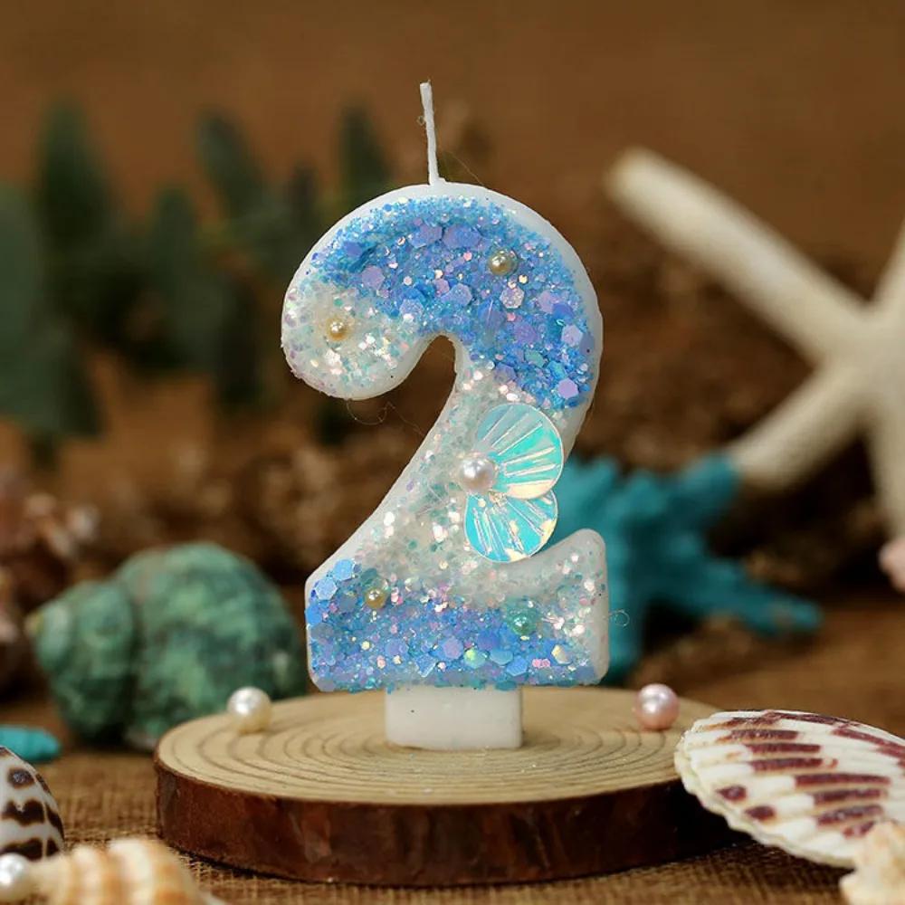 Gradual Change Blue Ocean Shell Digital Birthday Candle, Creative Birthday Party Cake Decorations, 520 Anniversary Candle