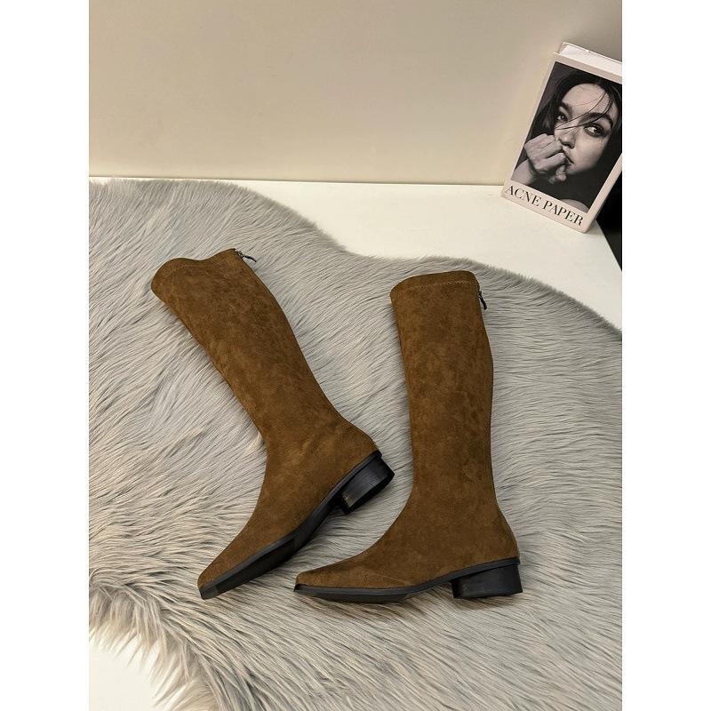 Dicker Absatz Vintage Wildleder Lange Stiefel Damenschuhe Jahr Skinny Boots Mittlere Ritterstiefel