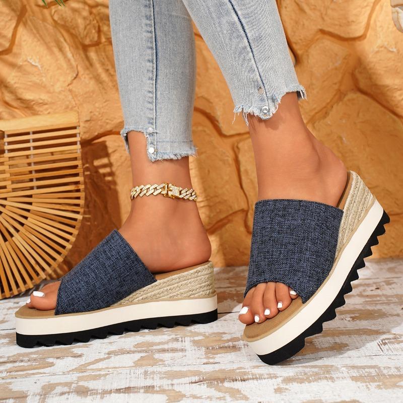 Women's Large Size Summer Canvas Wedge Thick Sole Denim Slide Sandals.