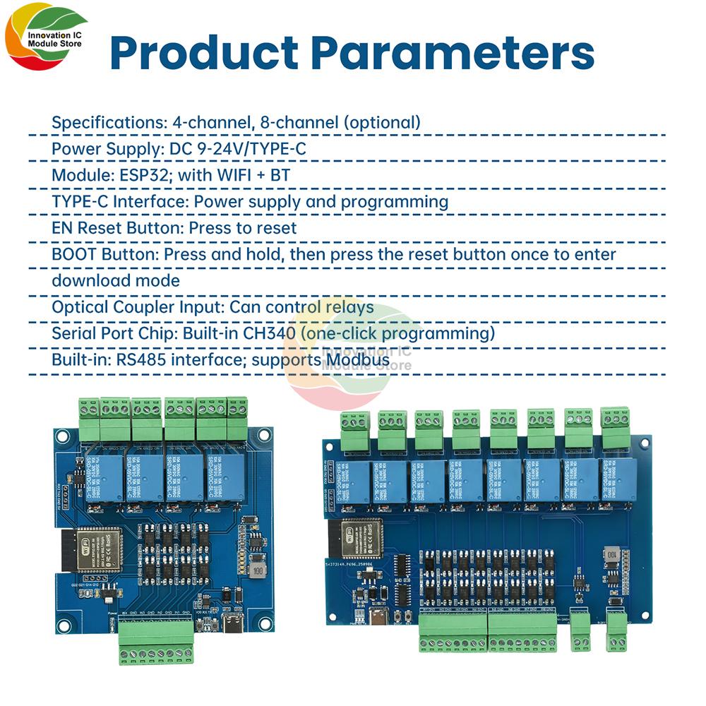 DC 9-24V 4-Channel/8-Channel Esp32 Rs485 Modbus Wifi Bluetooth Development Board Relay Optocoupler Isolation Module Tyep C