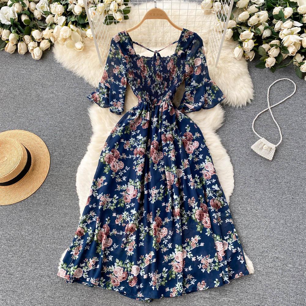 Tea Break French Vintage Dress Square Neck Flared Sleeve Tie Waist Women's Temperament Swing Long Dresses