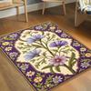 Purple Floral Rug with Botanical Design, Beige and Purple Decorative Floor Mat