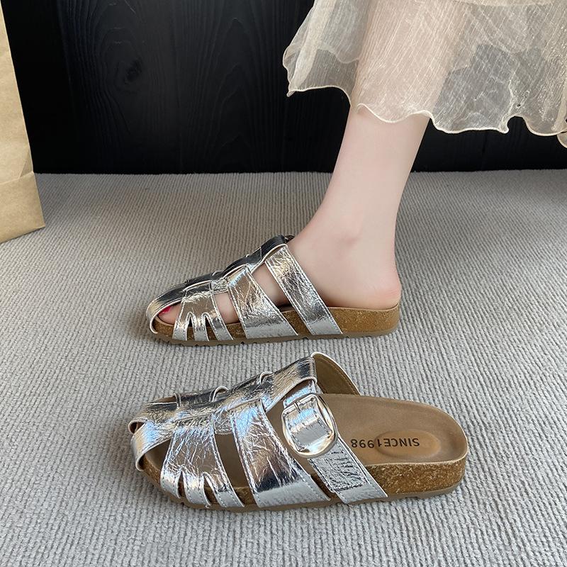 

Large size women s shoes 41-43 silver hollow bag head half slippers female summer wear fashion fairy cool slippers Birkentow 42 серебряный