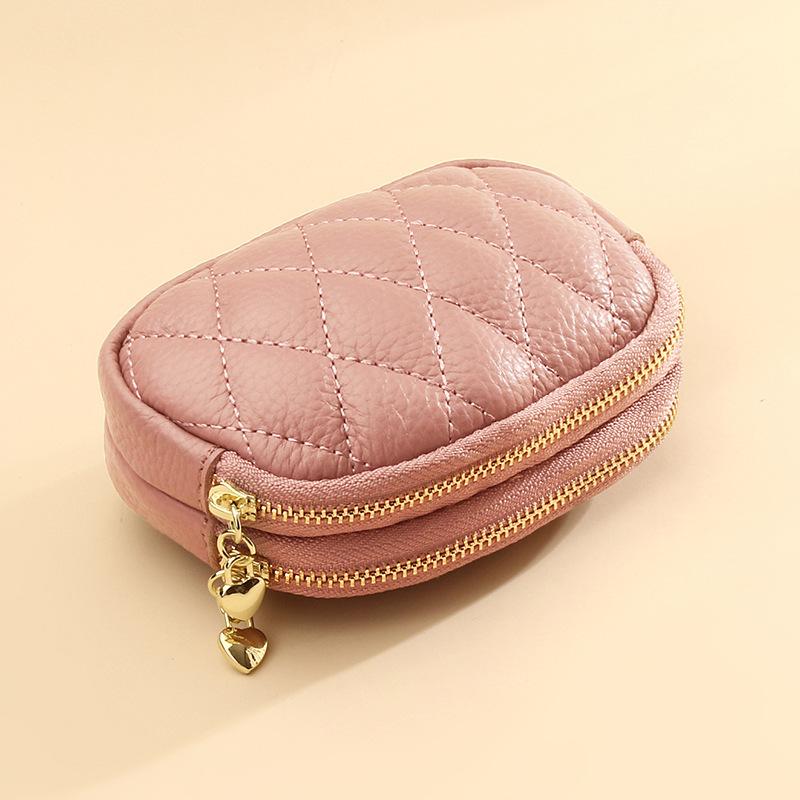 Genuine Cowhide Short Wallet Double Zipper Around Coin Purse Women's Credit Card Holder
