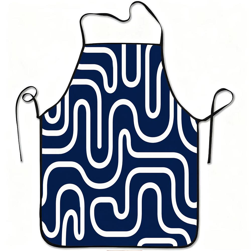 1pc Abstract Geometric Blue and White Line Print Apron, Durable and Easy to Clean, Adjustable Waistband, Polyester Material, for Kitchen Cooking, Gard