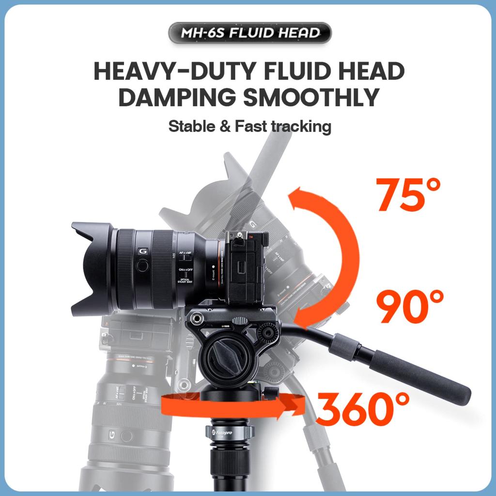 Fotopro Panoramic Fluid Head Drag Pan Head Video Camera Tripod with QR Plate for Vlogging and Live Streaming Video Shooting (MH-6S)