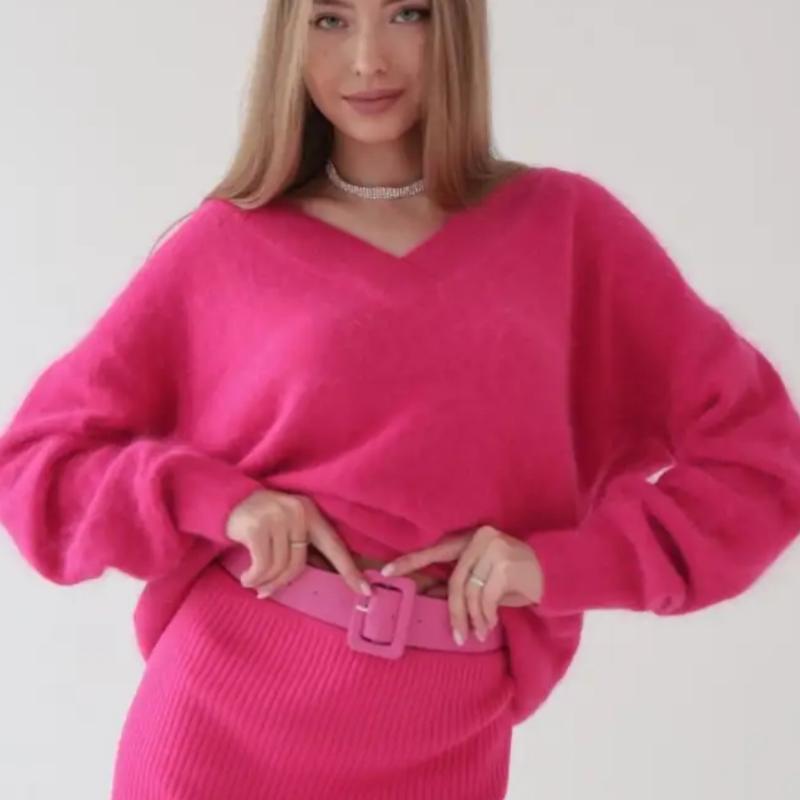 Women's Temperament Solid Knit Sweater V-neck Long Sleeve Faux Mink Hair Soft Loose Knit Top Fashion Lazy Style Simple Casual Sweater