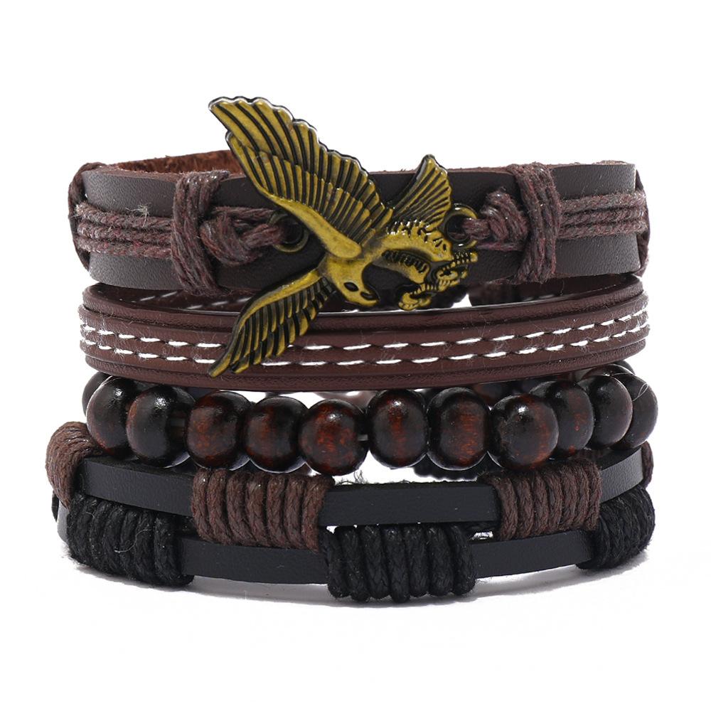 Hip Hop Trend Wood Bead Bracelet PU Leather Eagle Alloy DIY Bracelet 4-piece Set Hand-woven Multi-layer Leather Bracelet