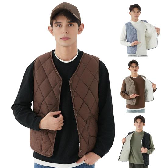 Men Winter Waistcoat No Collar Single Breasted Solid Color Waistcoat with Pockets Thickened Velvet Lining Vest Coat
