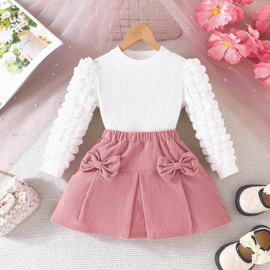 

Girls Autumn New Ins Pure Color Striped Bubble Sleeve Bow Tie Half Skirt Two Piece Set 7Y червоний