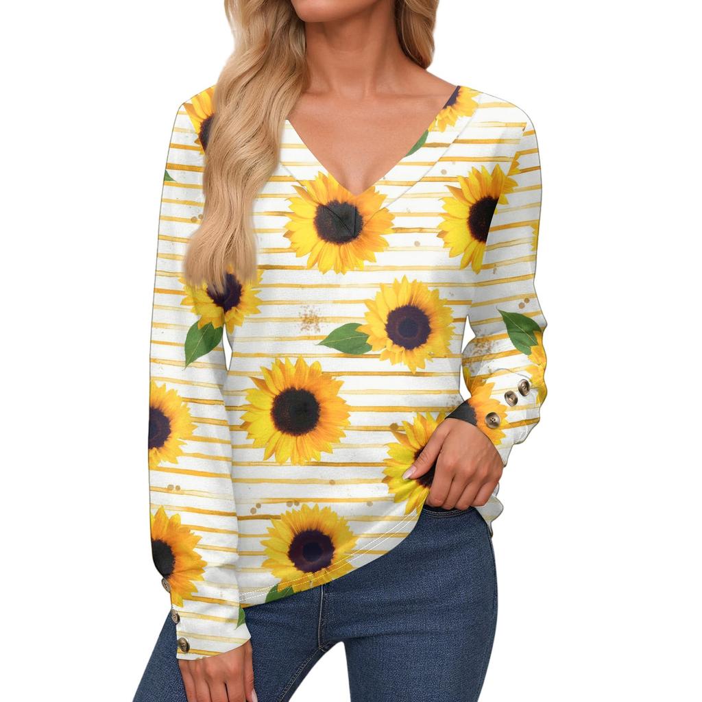Women's Tops Long Sleeve Cuffs Button-Up Shirt V-Neck Casual Loose Tee Floral Tops
