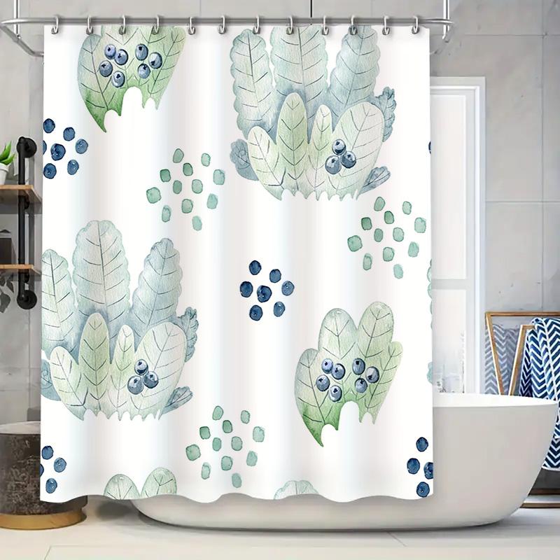 

Handpainted Leaf Shower Curtain SetBlueberry Greenery Watercolor Decor for Bathroom White Bath Rug Mat Included (Green/Light Gre 90x180cm