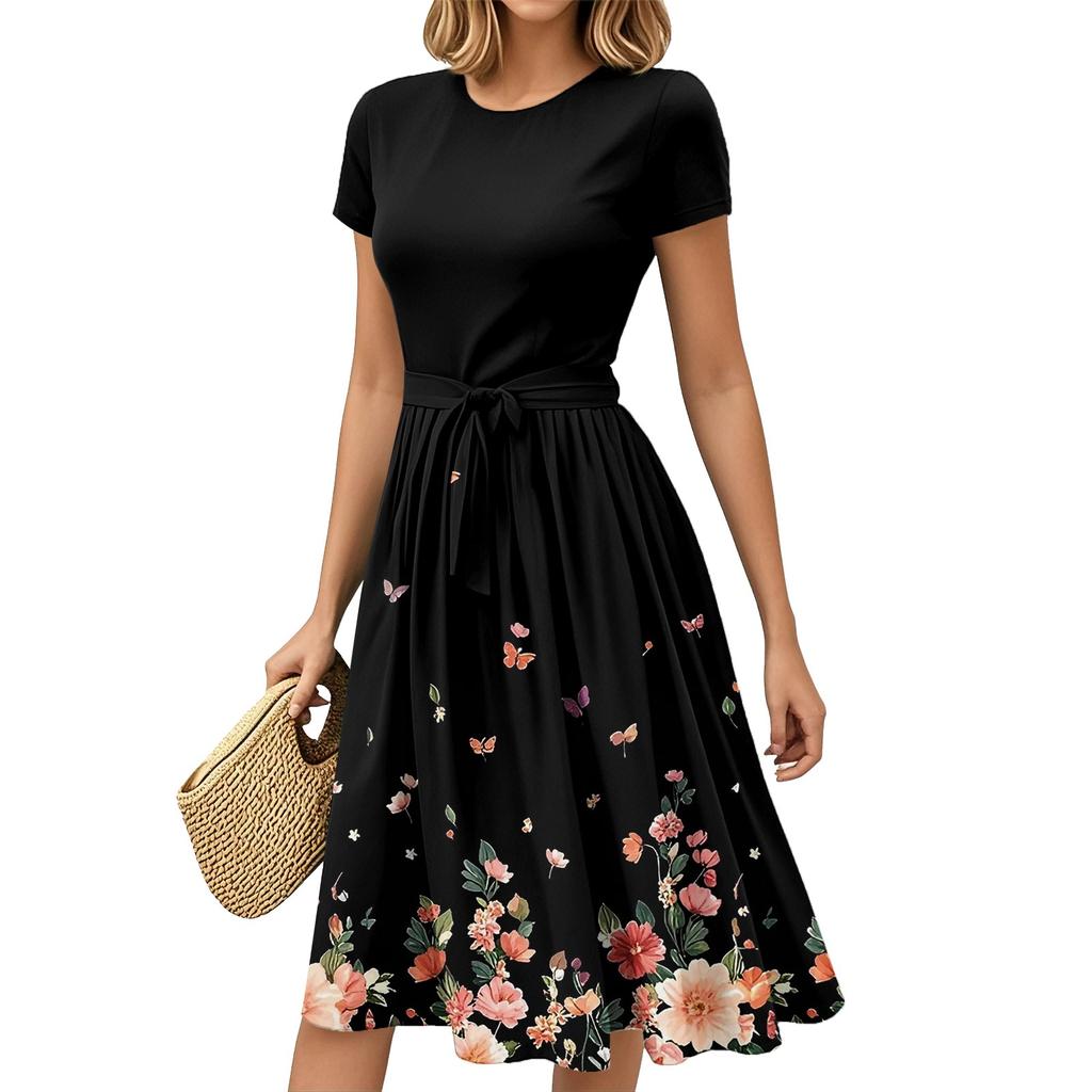 Women's Fashion Casual Belt Short Sleeve Round Neck Geometric Printing Splicing Elegant Temperament Dresses