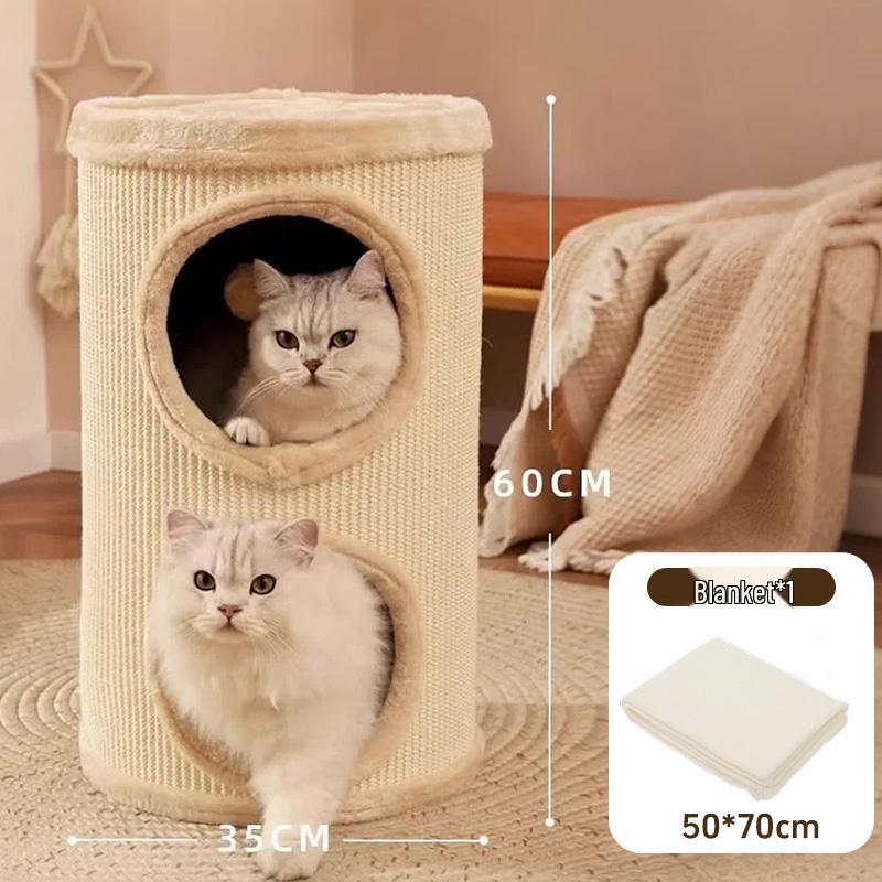 Compact Cat Tree & Bed with Enclosed Two-Layer Design, Scratching Board, Sisal Barrel - All-Season