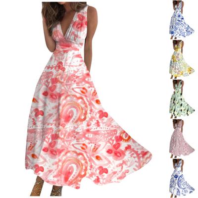Women's Long Dress Maxi Dress Casual Dress Summer Casual Sleeveless V Neck Boho Waist Retraction Printed Dress