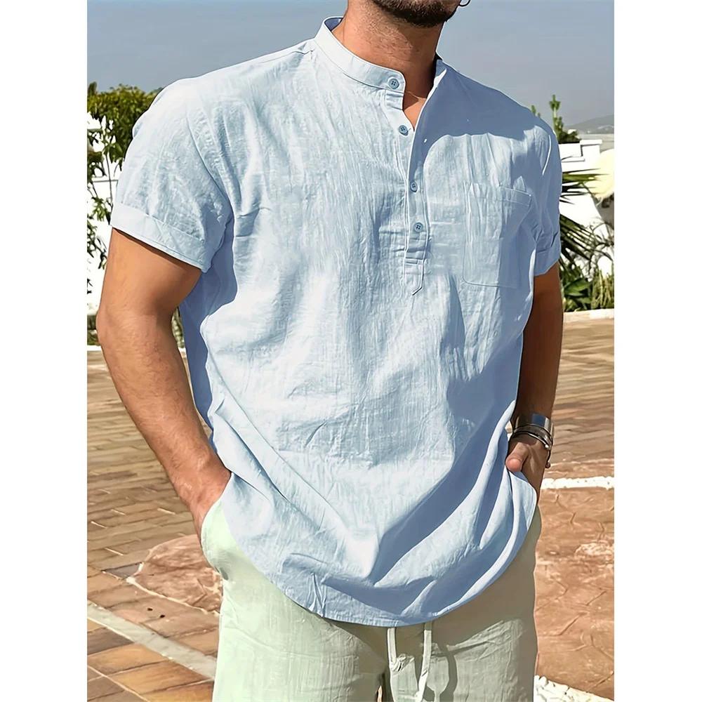 

Summer Men s Cotton Linen T-shirt Henley Neck Casual Breathable Lightweight Solid Color Pocket Fashion Button Tops XS