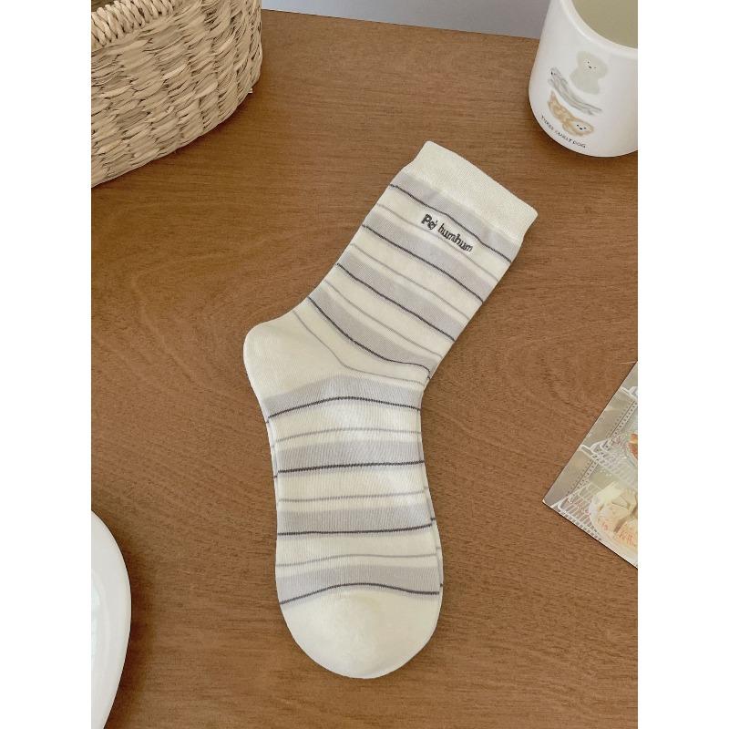 Spring and Autumn Boneless Pure Cotton Sweet Cream Contrasting Color Striped Pile Sock Style Letter Embroidery Mid-calf Socks