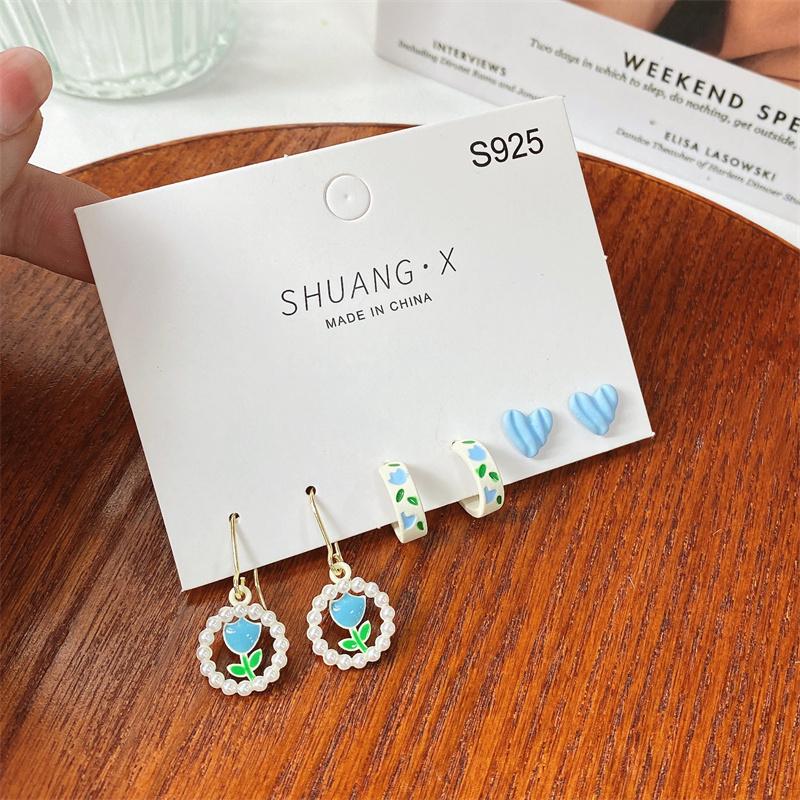 Colorful Ceramic Ears Stud Earrings Set Heart Flower for Women Korean Style Girls Cute Elegant Party Jewelry 2024 New