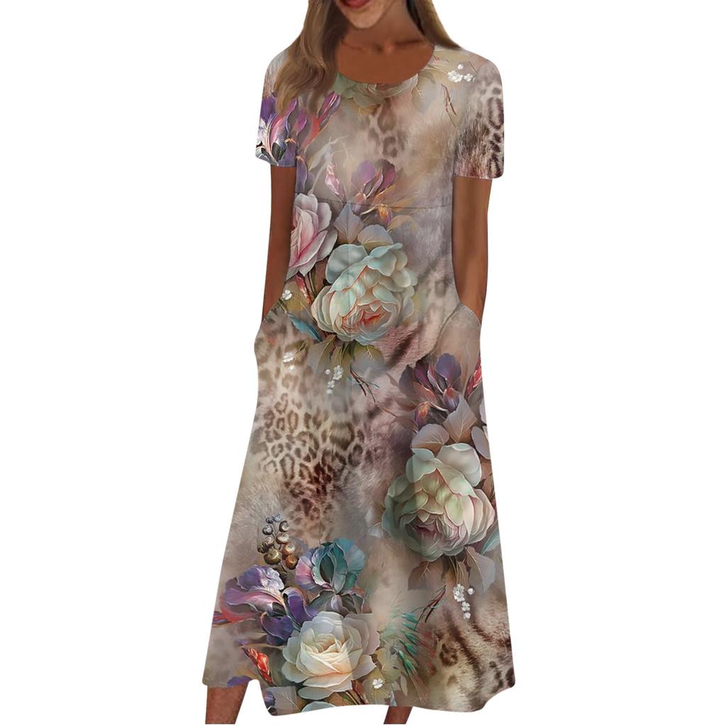 Women's Casual Dresses Printed Dresses Summer Dresses Printed Pleated Round Neck Midi Dresses Basic Classic Outdoor Daily Short Sleeve Loose Dresses