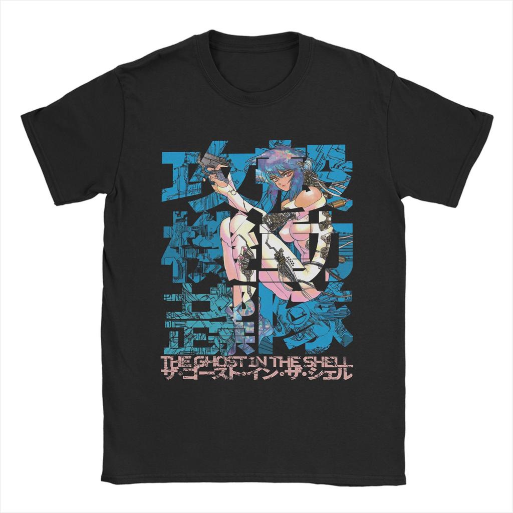 2026 Summer Ghost In the Shell Major & Japanese Text Print T-Shirt Oversized Black Streetwear Cotton Tee Anime Sci-Fi Aesthetic