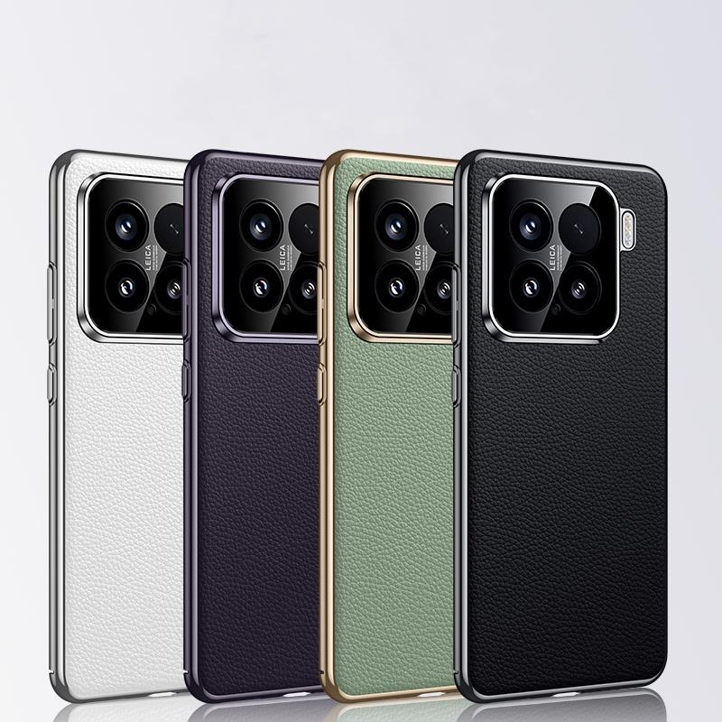 Luxury Genuine Leather Camera Lens Protection Back Case For Xiaomi 15 14 Pro / 14 Ultra / 15 14 5G Plating PC Bumper Cover