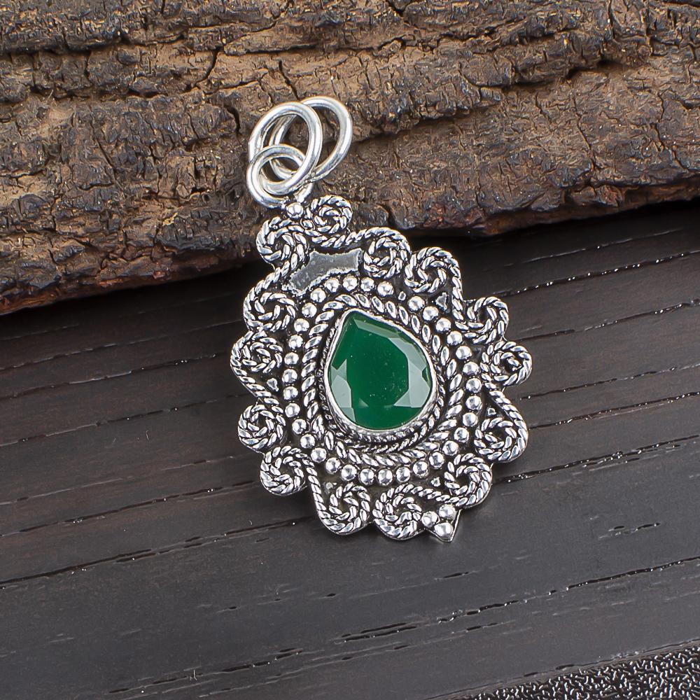 

Green Onyx Gemstone Jewelry, Handmade Silver Pendant, 925 Solid Sterling Silver Spiritual Pendant Jewelry Gift For Her 1.55 Inches зелёный