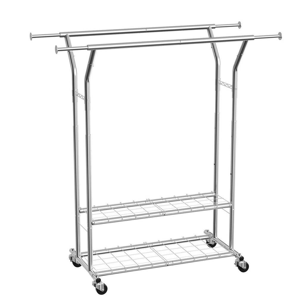 Clothes Rack, Rolling Clothing Garment Rack with 2 Hanging Rods and 2 Storage Shelves, 120 kg Load Capacity, Adjustable Height Carbon Steel Clothing