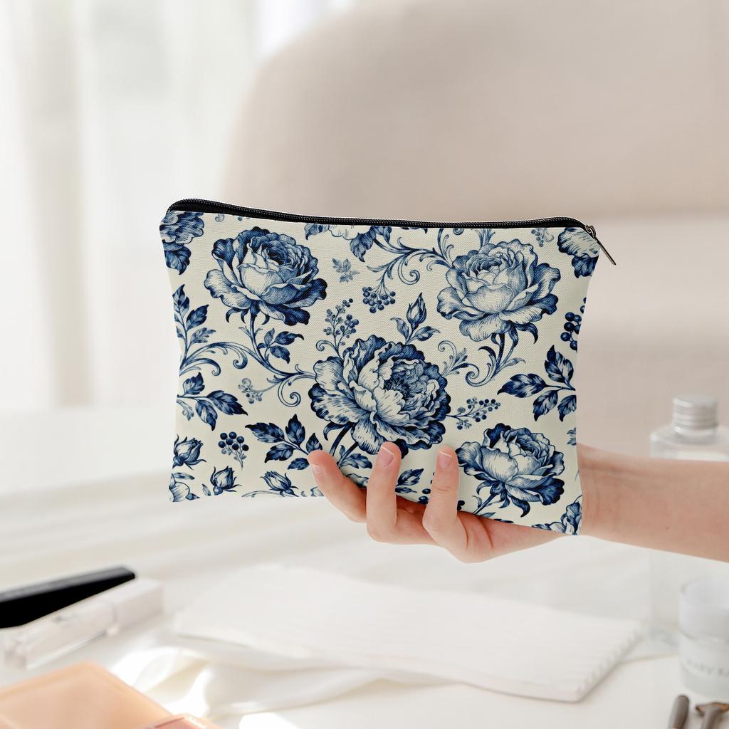 Blue and White Porcelain Style Storage Bag Peony Rose Double Makeup Bag Travel Toiletry with Lining Multi Functional Organizer