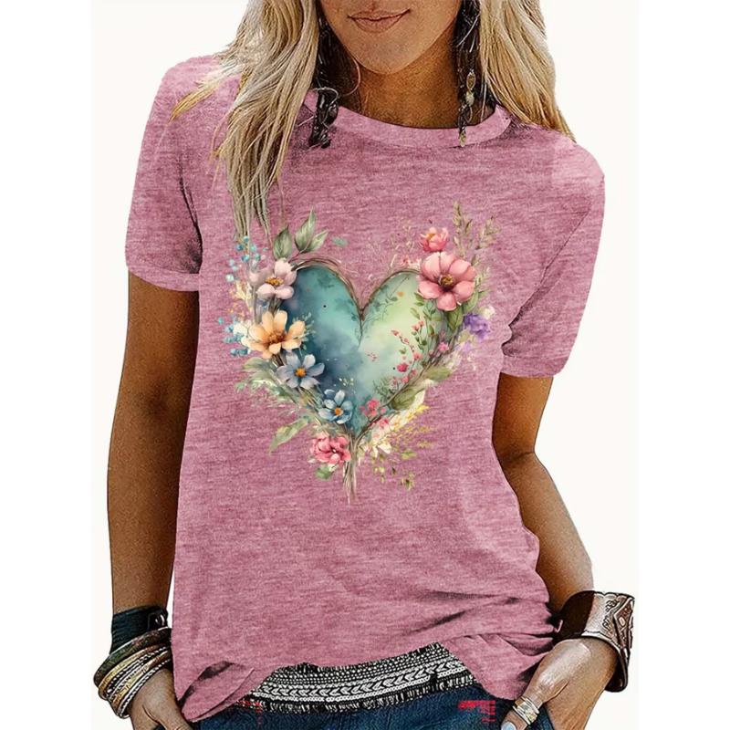 Women s Summer Short Sleeve T-Shirt - Watercolor Heart Print (Flowers & Vines), Soft & Comfortable, 5 Colors for Casual Outings, S